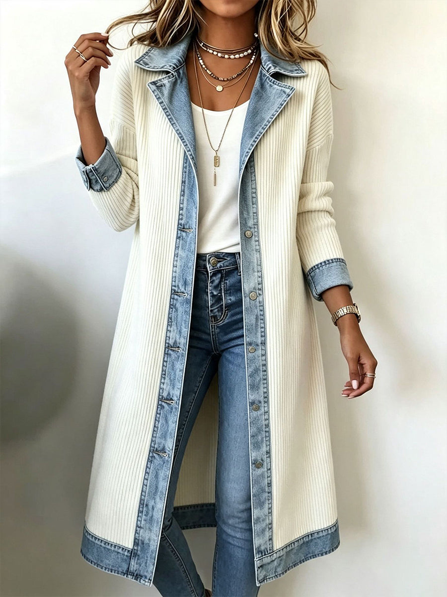 Cardigan Long Boutonné aux Détails Contrastants