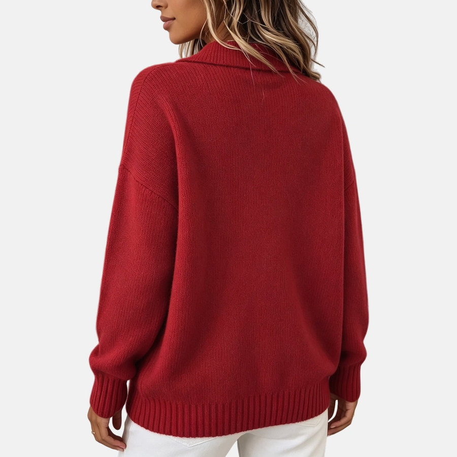 Pull col polo boutonné beige — vue complète silhouette harmonieuse