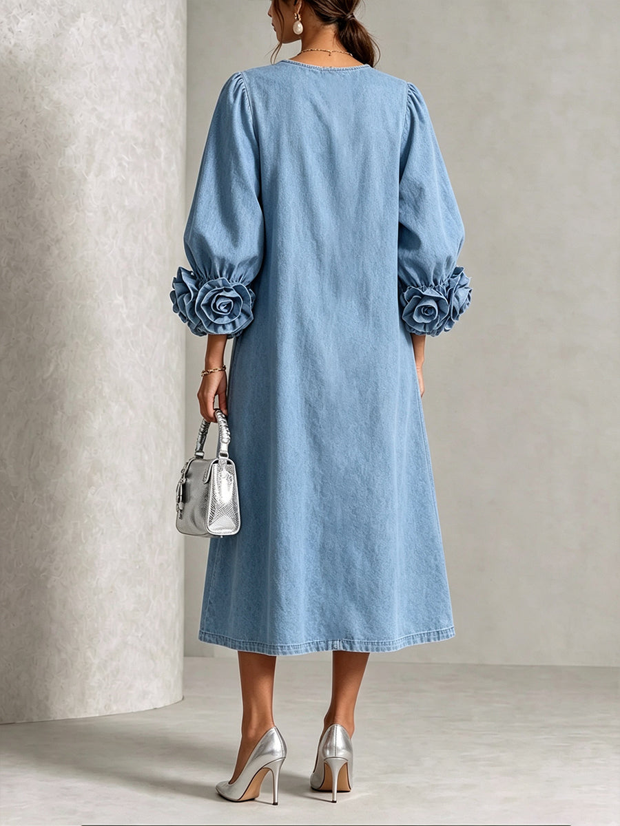 Robe midi trapèze ornements floraux — vue profil silhouette