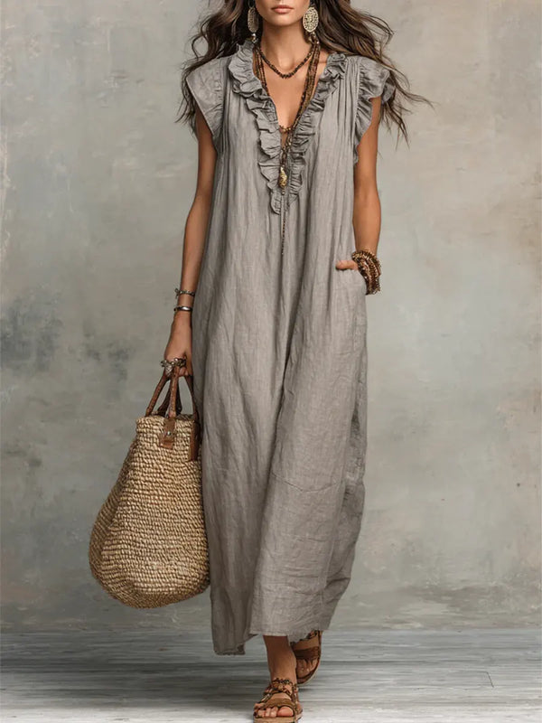 Robe Longue Femme Bohème Lin Coton - Coupe Fluide Élégante