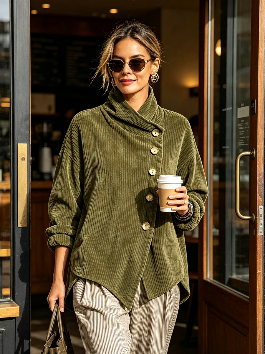 Pull Col Montant Drapé Boutonnage Diagonal