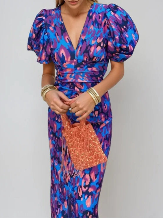 Robe Midi Élégante aux Manches Bouffantes