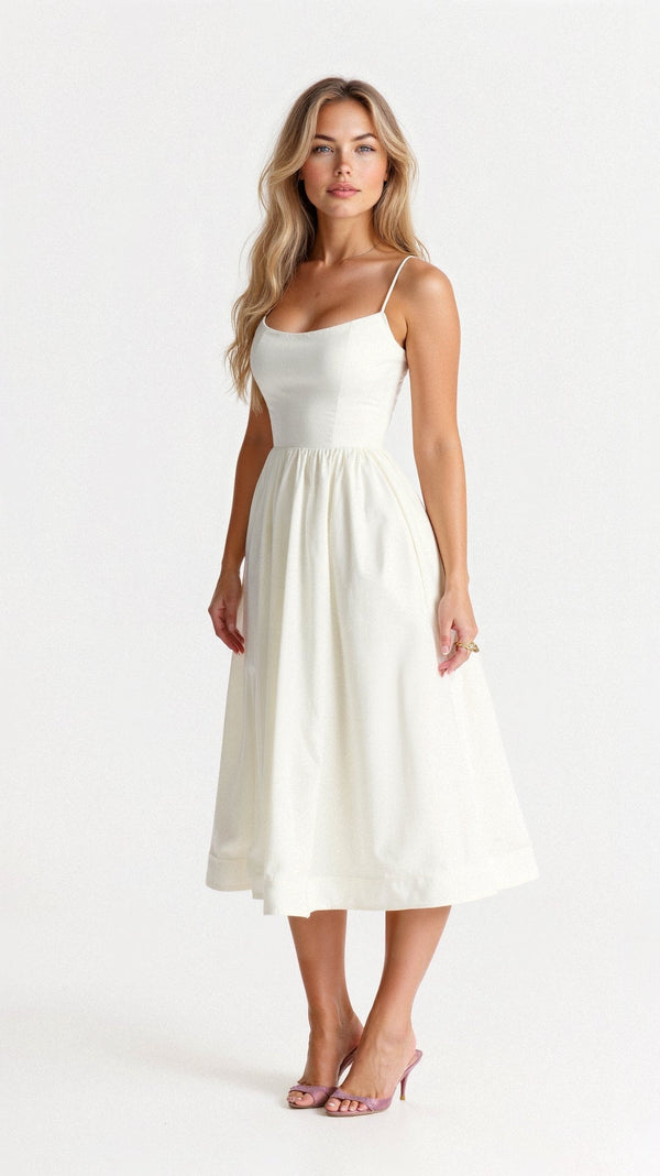 Vestido midi elegante con cuello Ascot y corte evasé para mujer | Colección Primavera-Verano