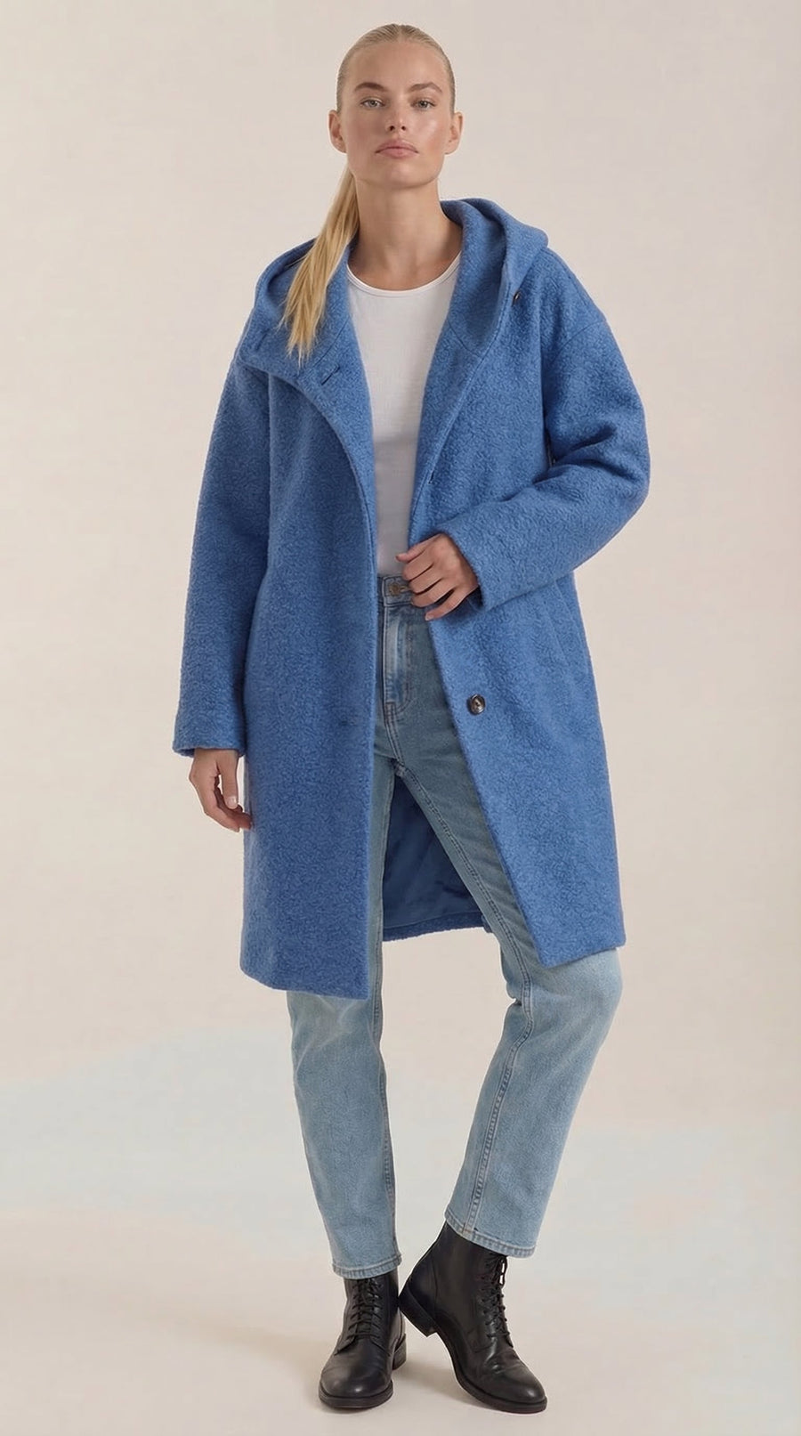 Manteau Long en Maille Bouclée à Capuche
