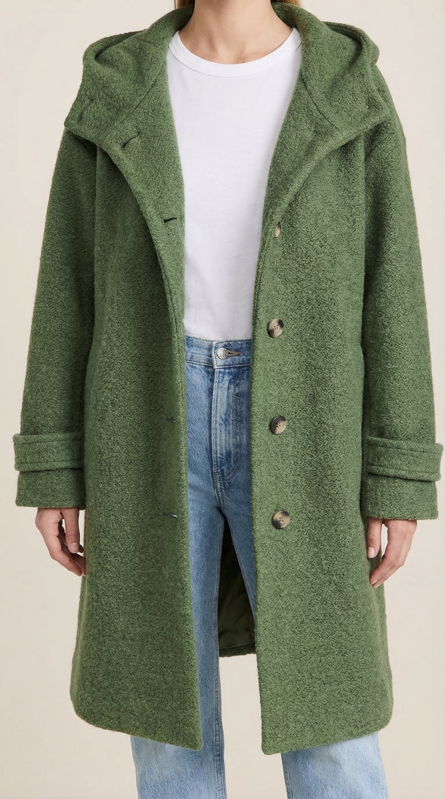 Manteau Long en Maille Bouclée à Capuche