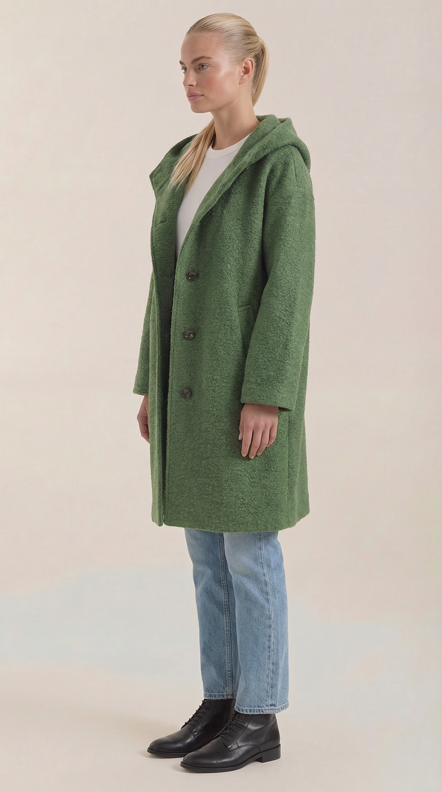 Manteau Long en Maille Bouclée à Capuche