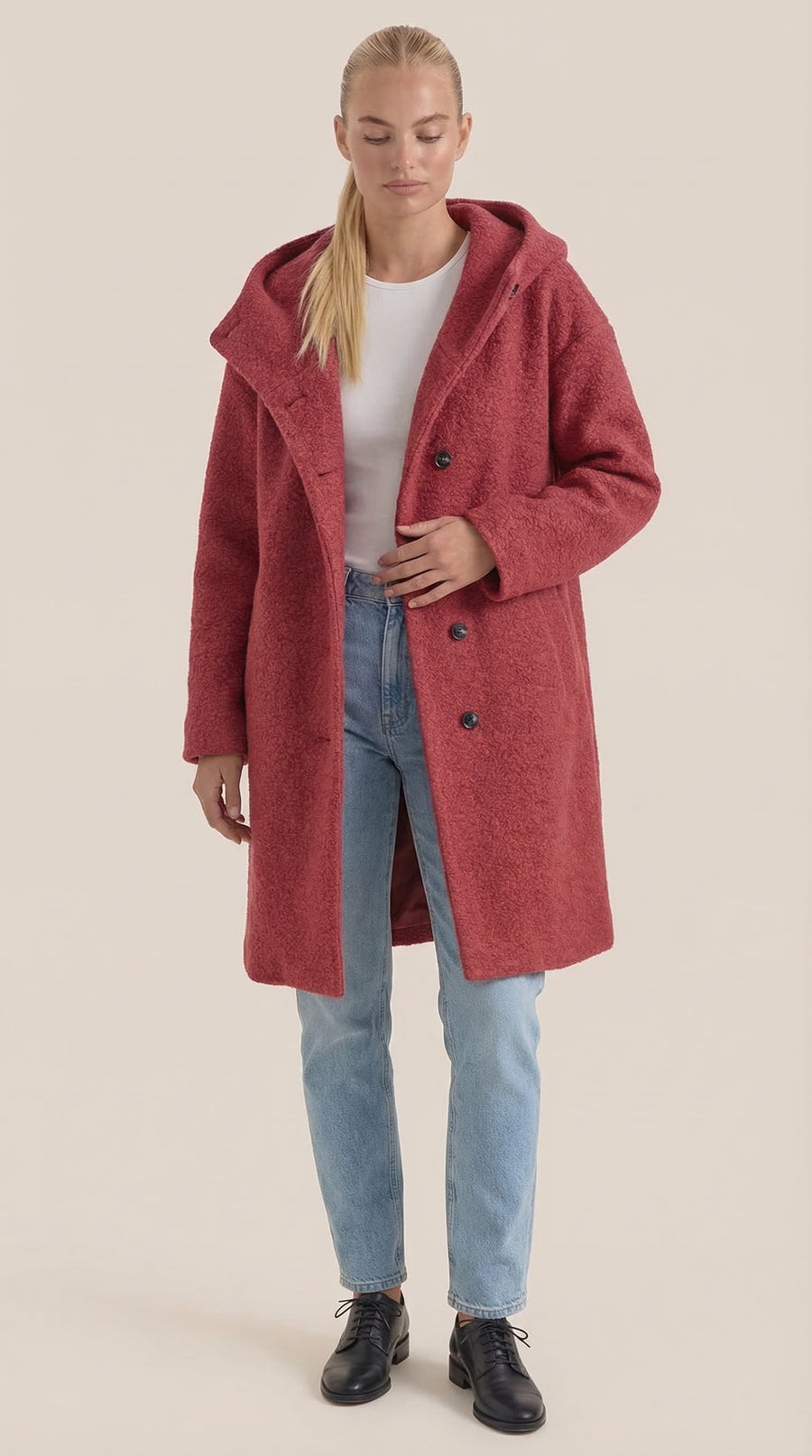 Manteau Long en Maille Bouclée à Capuche
