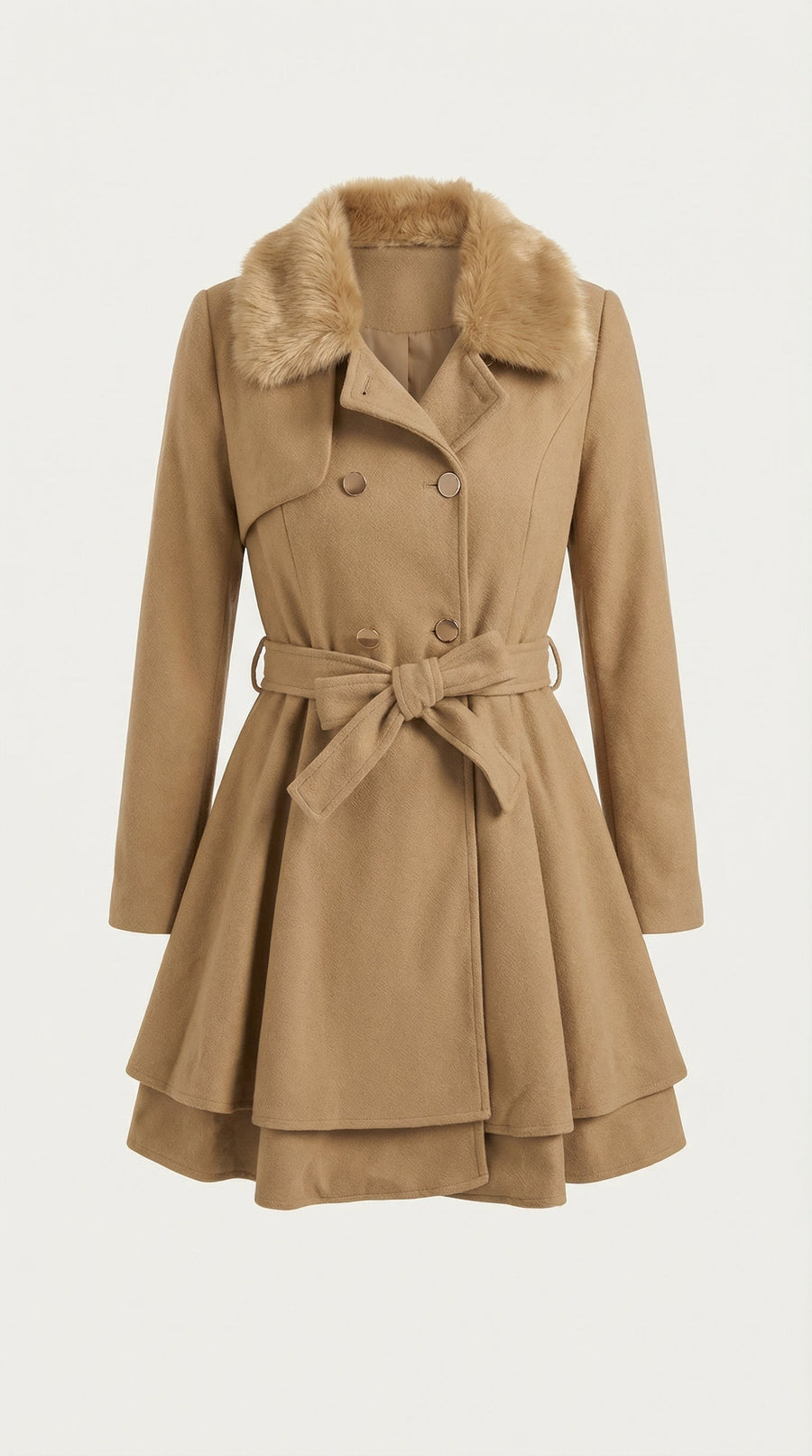Manteau Mi-long Cintré à Ceinture et Col Fourrure