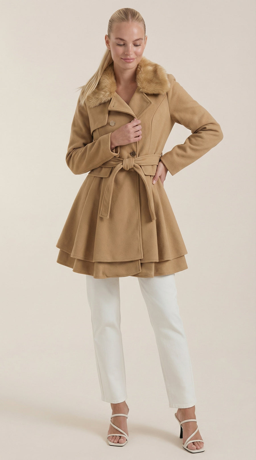 Manteau Mi-long Cintré à Ceinture et Col Fourrure