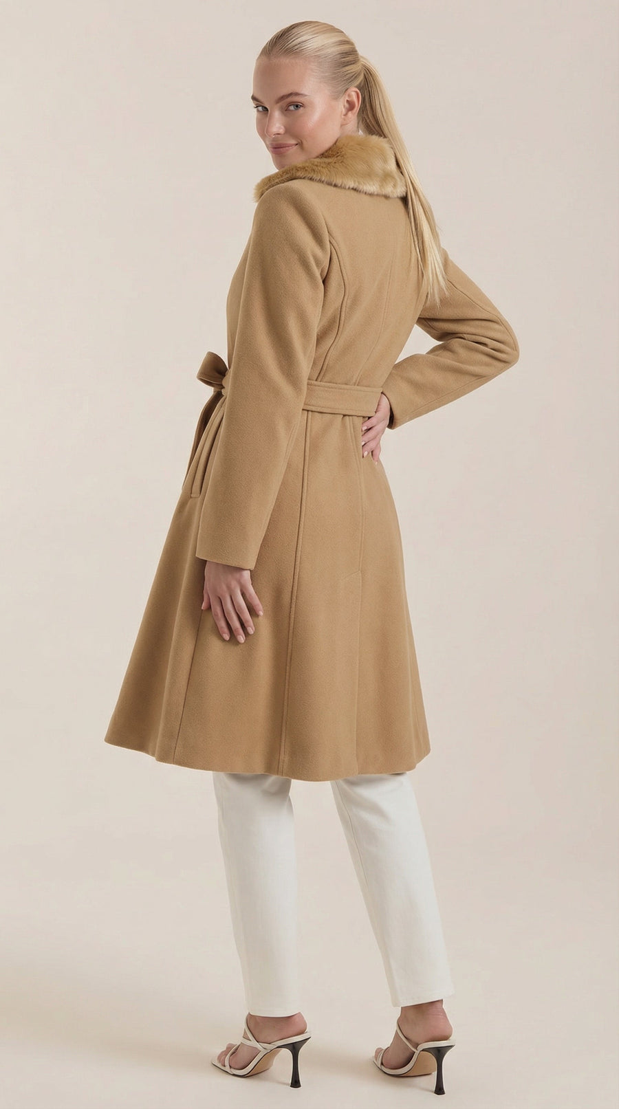 Manteau Mi-long Cintré à Ceinture et Col Fourrure