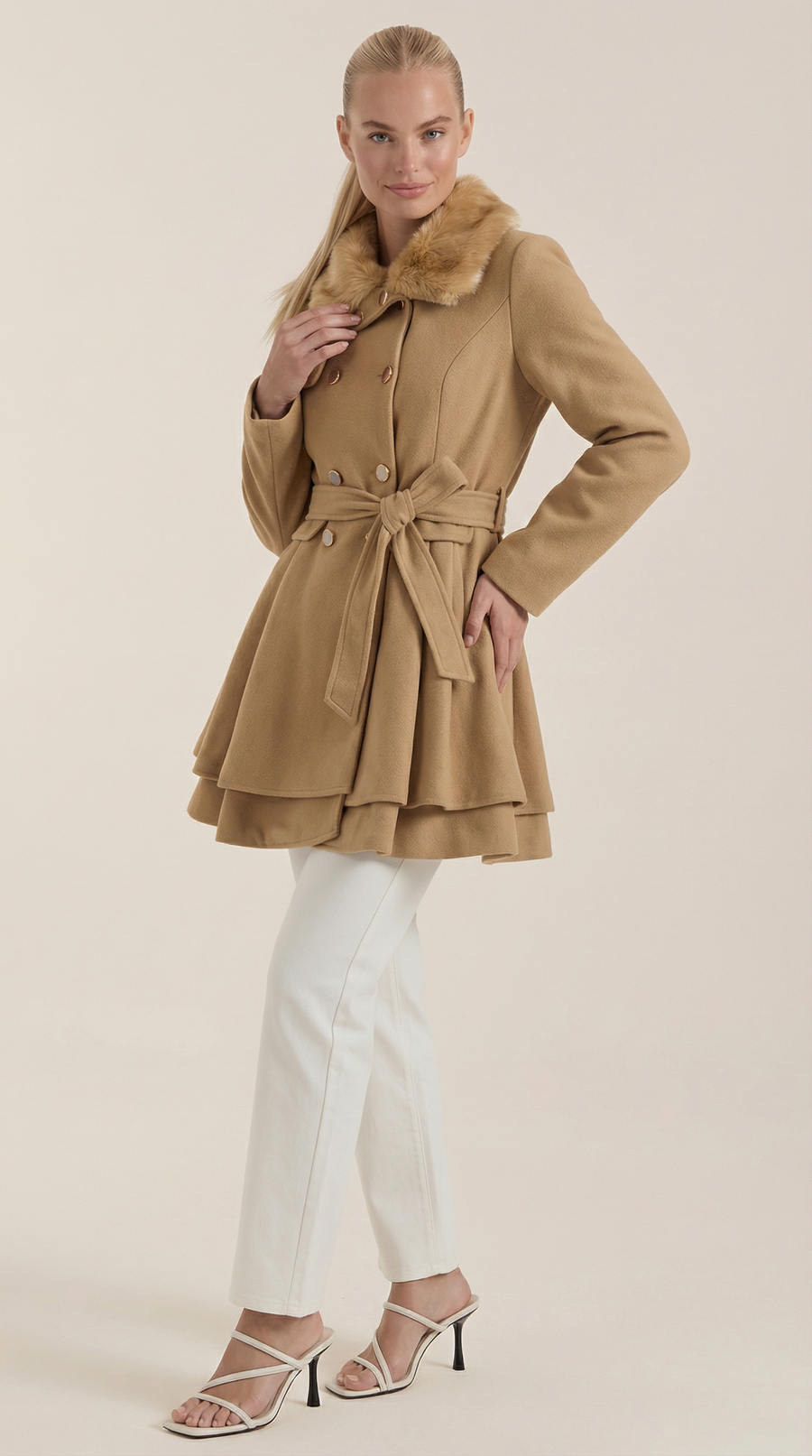 Manteau Mi-long Cintré à Ceinture et Col Fourrure