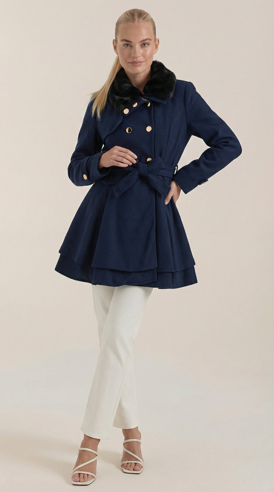 Manteau Mi-long Cintré à Ceinture et Col Fourrure