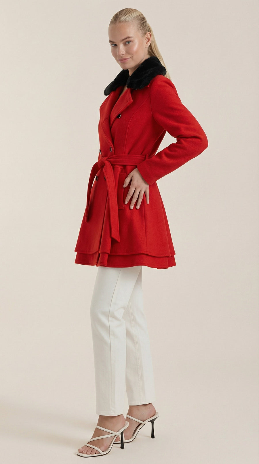 Manteau Mi-long Cintré à Ceinture et Col Fourrure