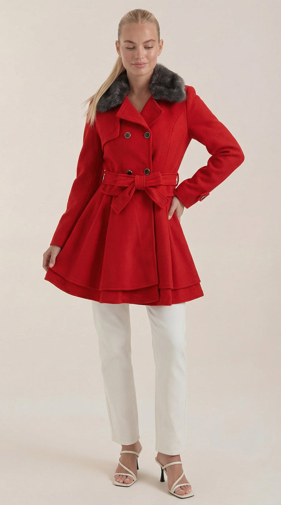 Manteau Mi-long Cintré à Ceinture et Col Fourrure