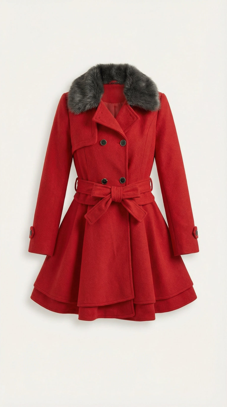 Manteau Mi-long Cintré à Ceinture et Col Fourrure