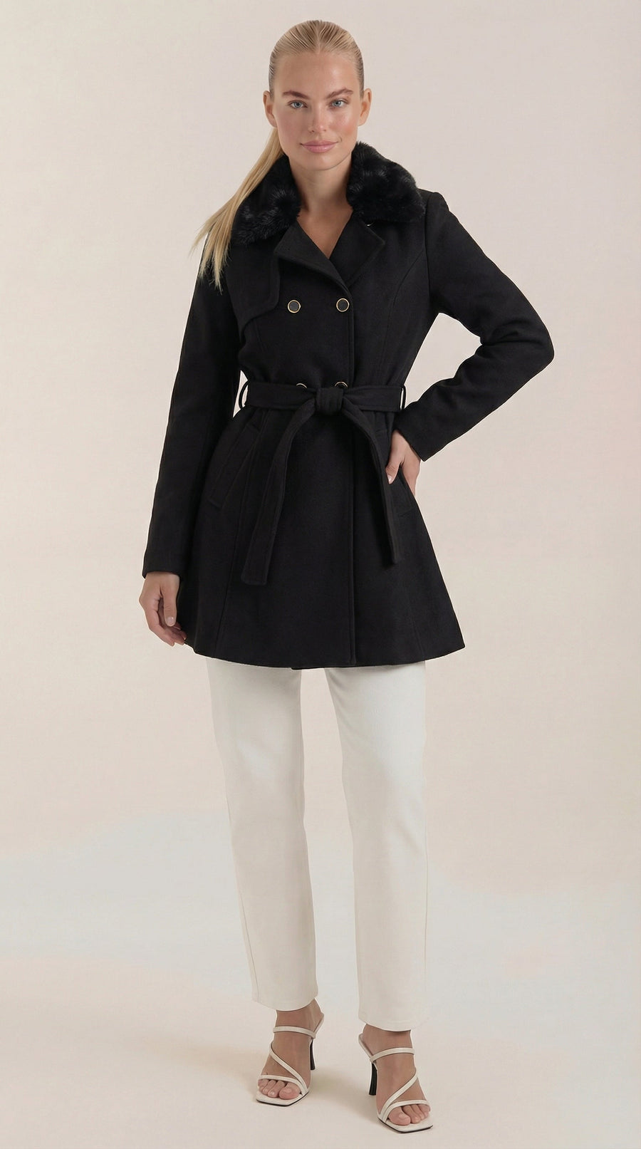 Manteau Mi-long Cintré à Ceinture et Col Fourrure