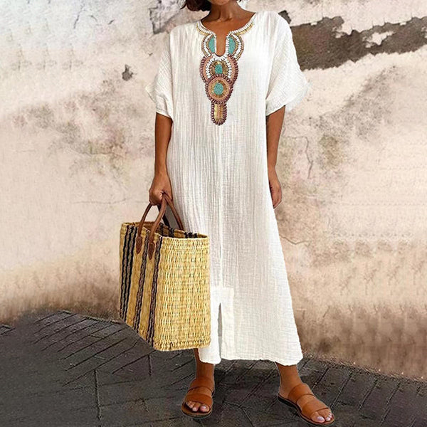 Vestido Maxi Fluido de Mujer - Escote Bordado Boho Chic