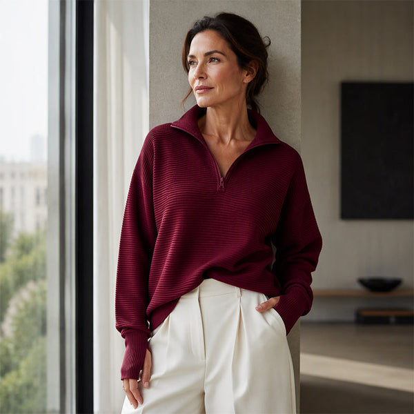 Pull Col Zippé Côtelé Coupe Ample
