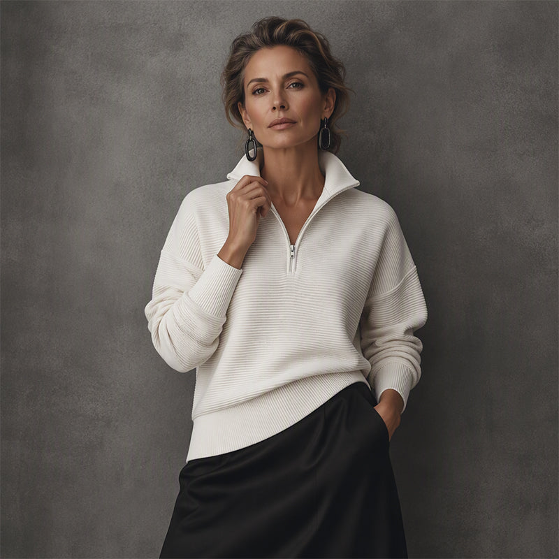 Pull Col Zippé Côtelé Coupe Ample