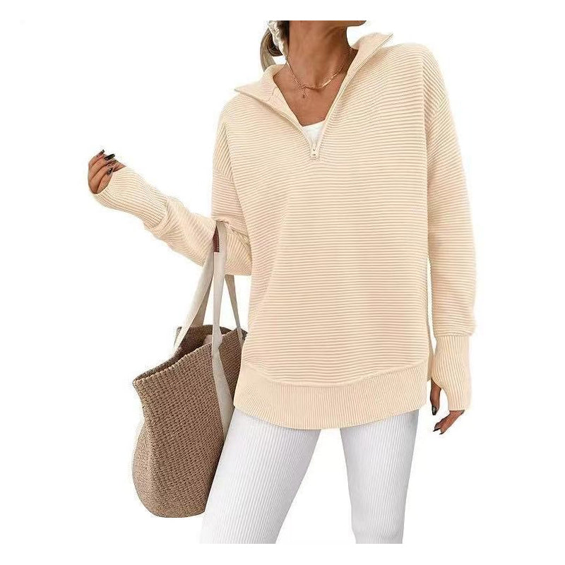 Pull Col Zippé Côtelé Coupe Ample