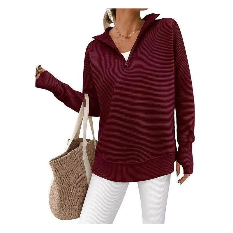 Pull Col Zippé Côtelé Coupe Ample