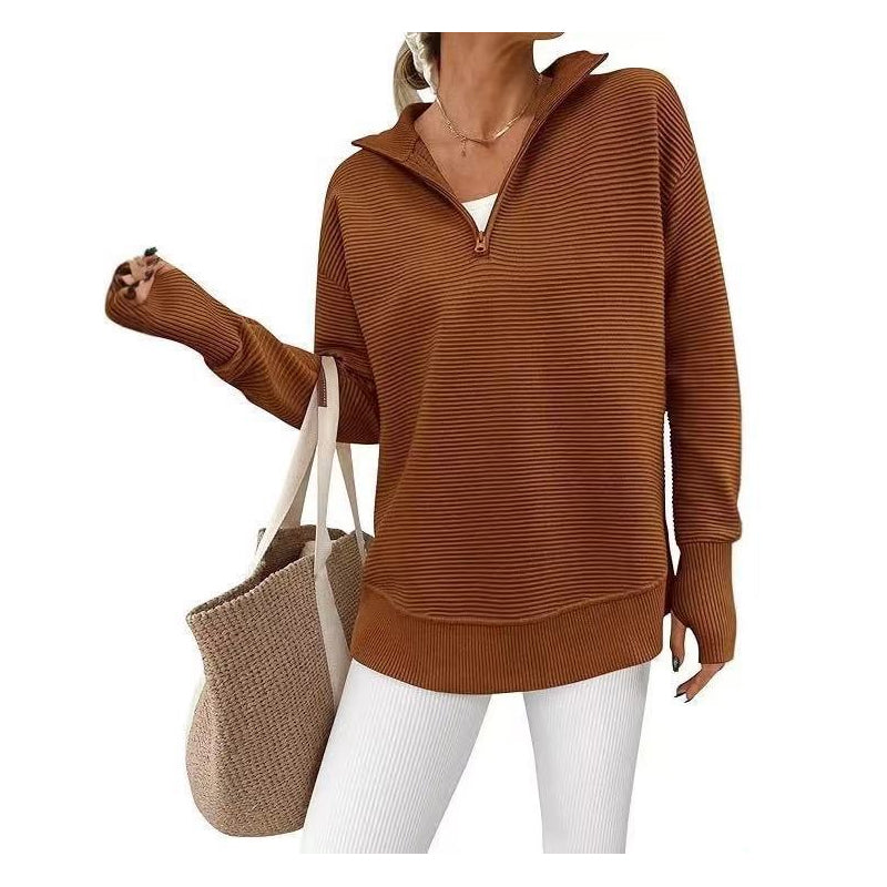 Pull Col Zippé Côtelé Coupe Ample