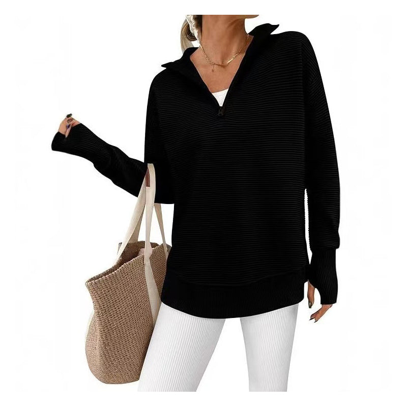 Pull Col Zippé Côtelé Coupe Ample
