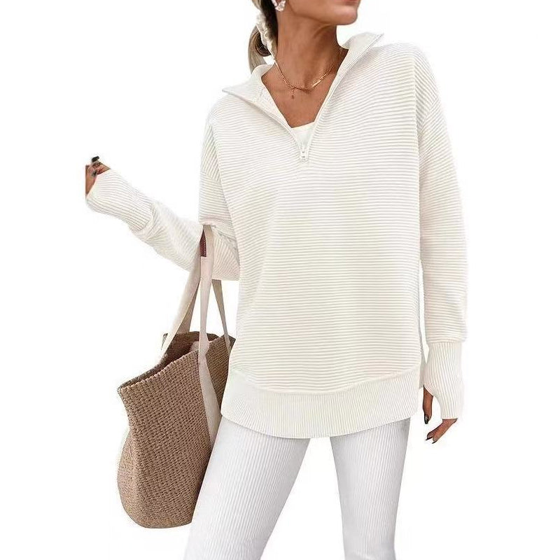 Pull Col Zippé Côtelé Coupe Ample