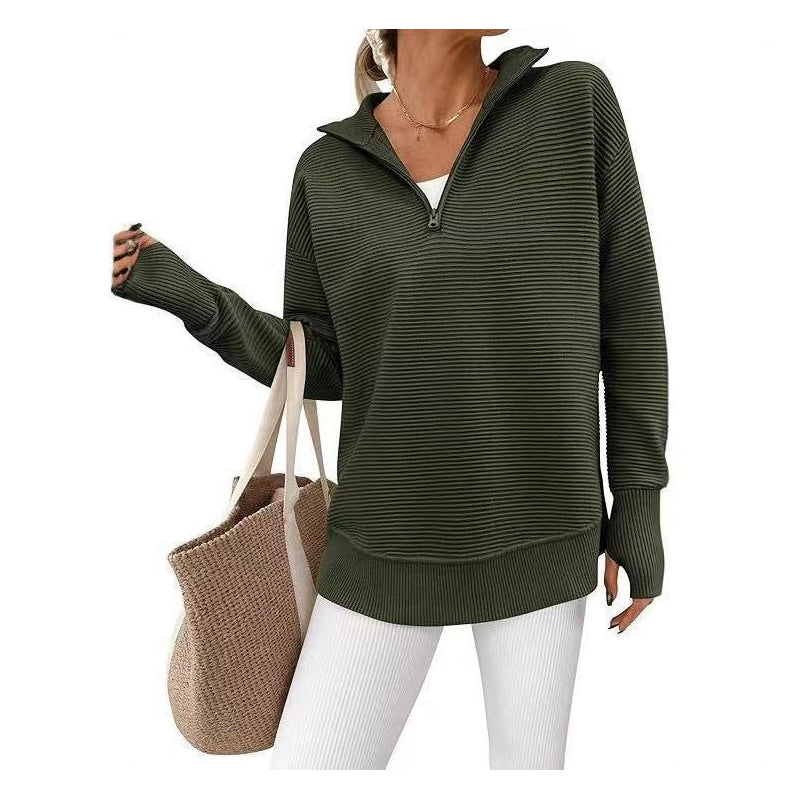 Pull Col Zippé Côtelé Coupe Ample