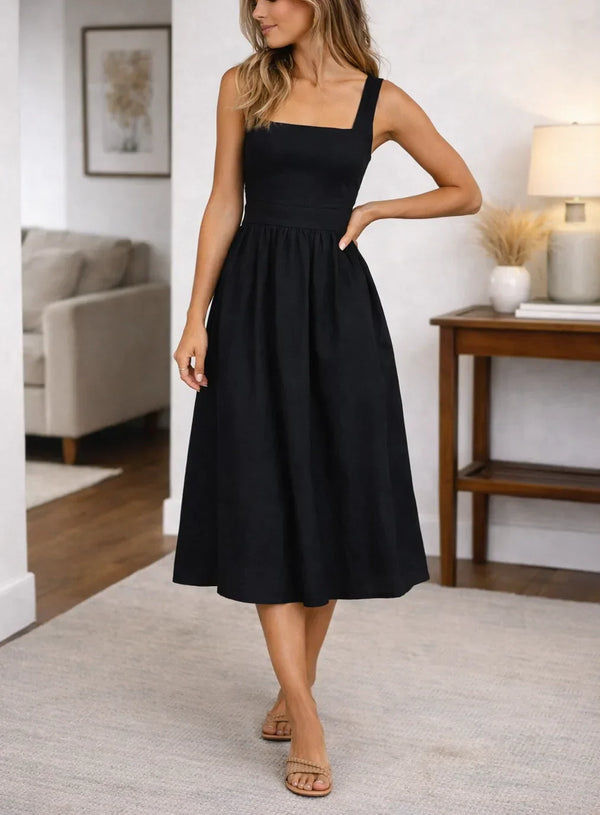 Vestido Midi Trapézio Decote Quadrado - Elegância de Verão