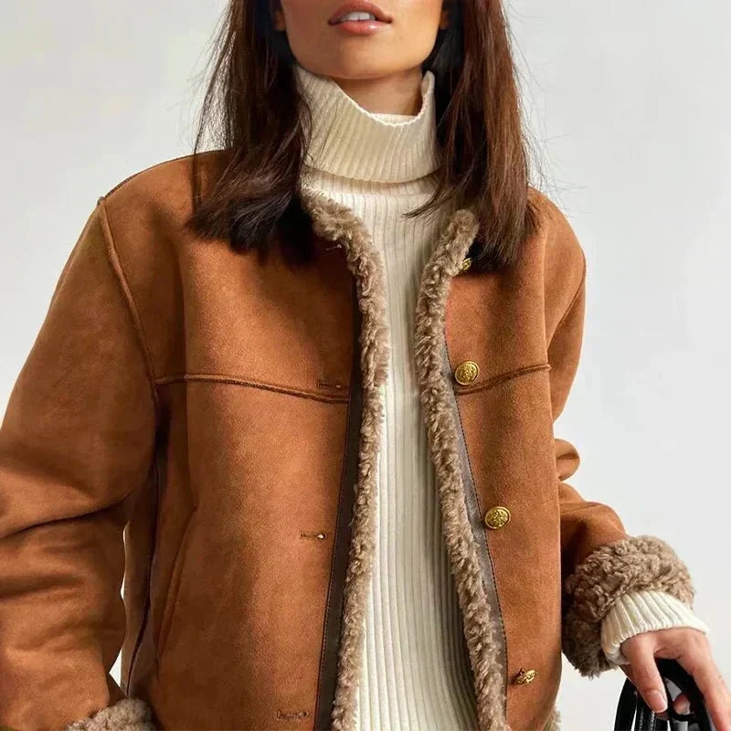 Veste Courte Effet Daim à Bordure Mouton