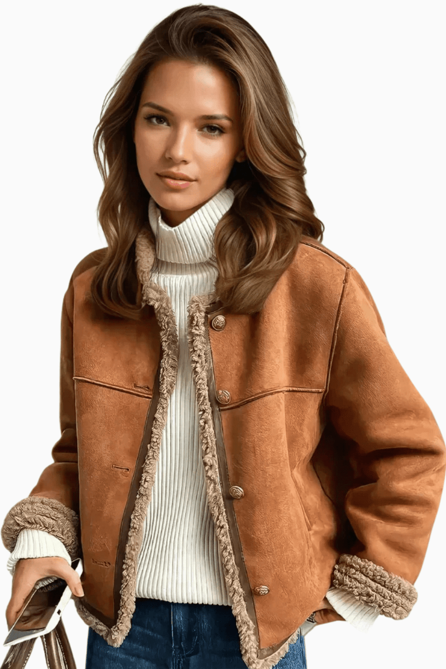 Veste Courte Effet Daim à Bordure Mouton