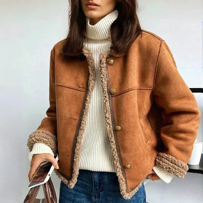 Veste Courte Effet Daim à Bordure Mouton