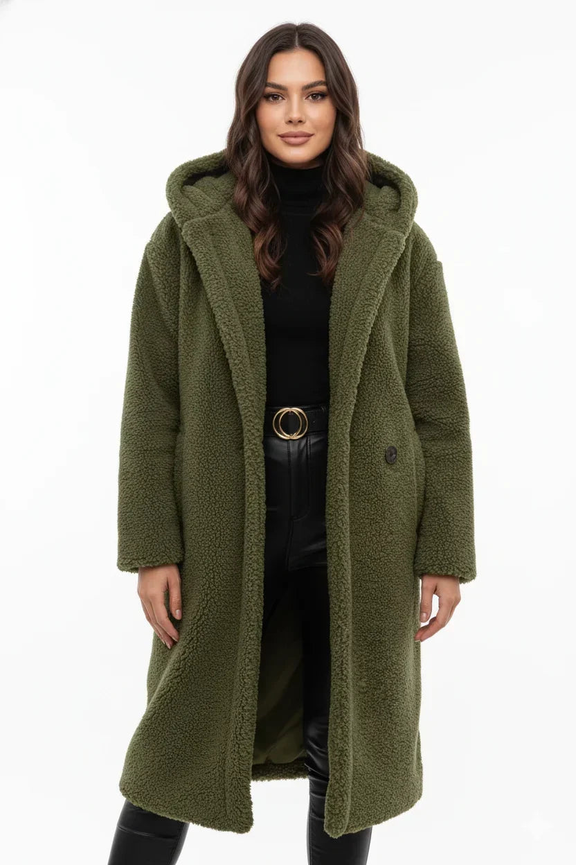 Manteau Long Teddy Oversize à Capuche