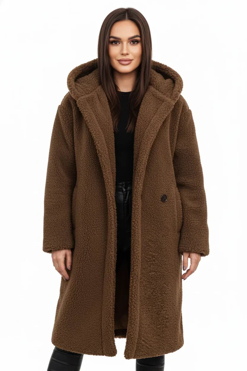Manteau Long Teddy Oversize à Capuche