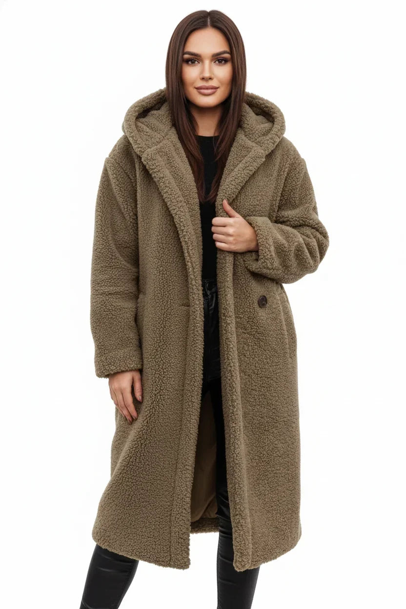 Manteau Long Teddy Oversize à Capuche