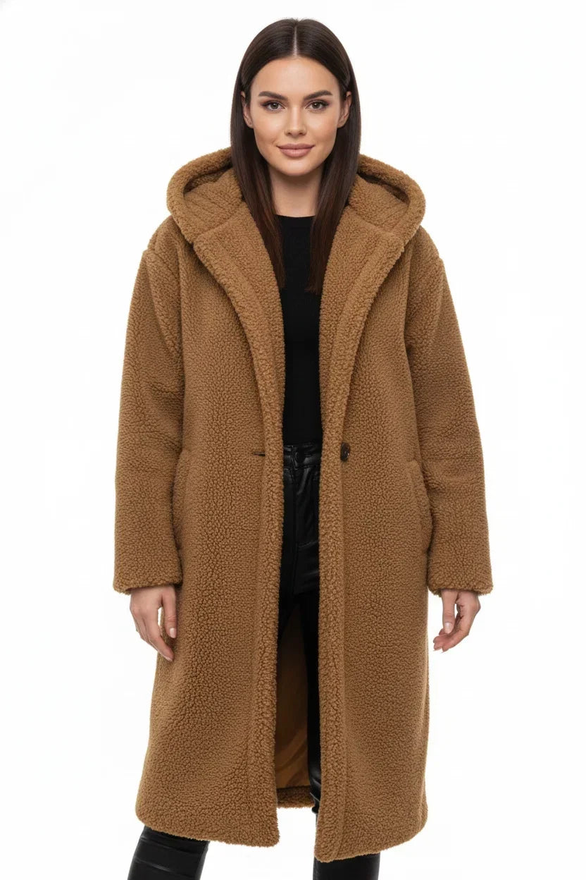 Manteau Long Teddy Oversize à Capuche