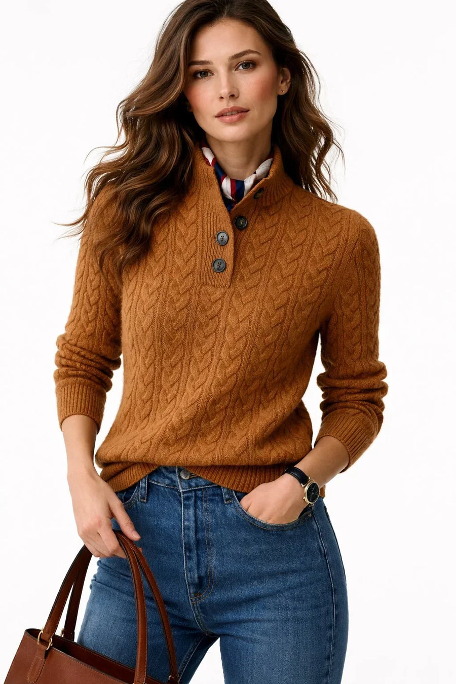 Pull Col Montant Boutonnée à Torsades