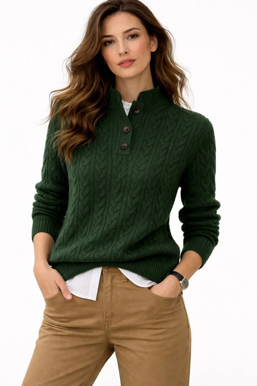 Pull Col Montant Boutonnée à Torsades