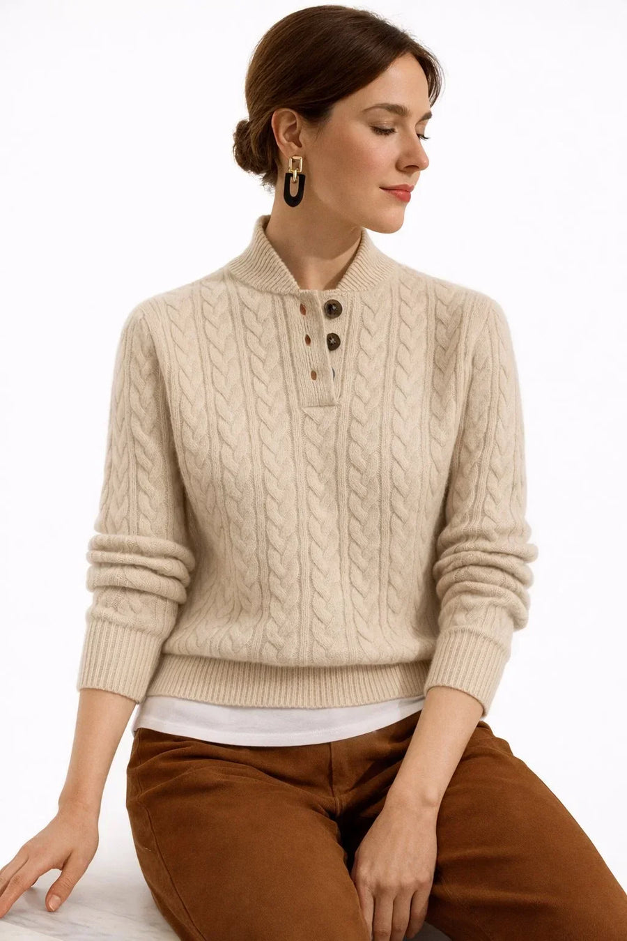 Pull Col Montant Boutonnée à Torsades