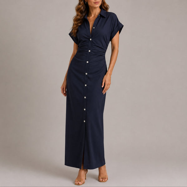 Vestido Maxi  Camisero Abotonado Fruncido - Elegancia Fluida para Mujer