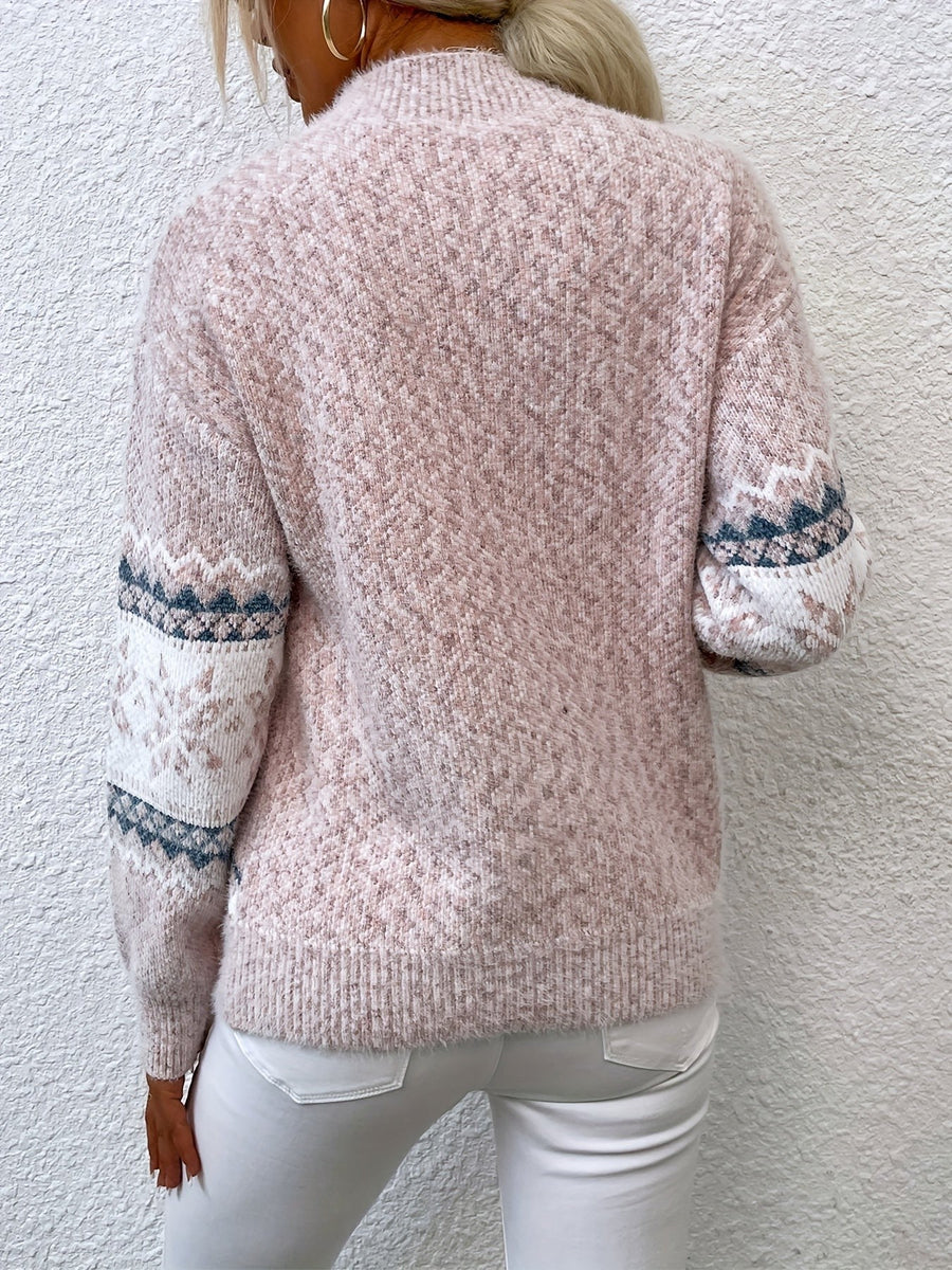 Pull Col Montant Motif Flocons Coupe Ample