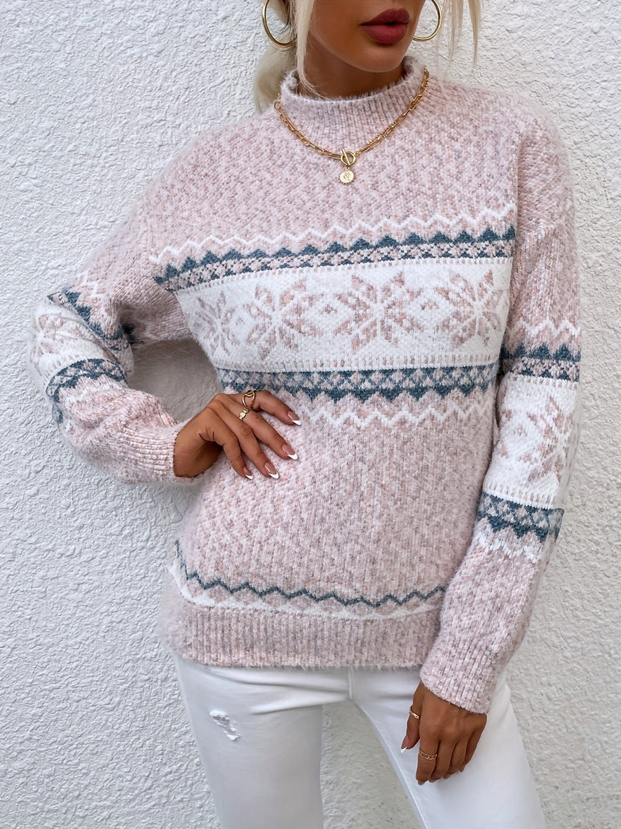 Pull Col Montant Motif Flocons Coupe Ample