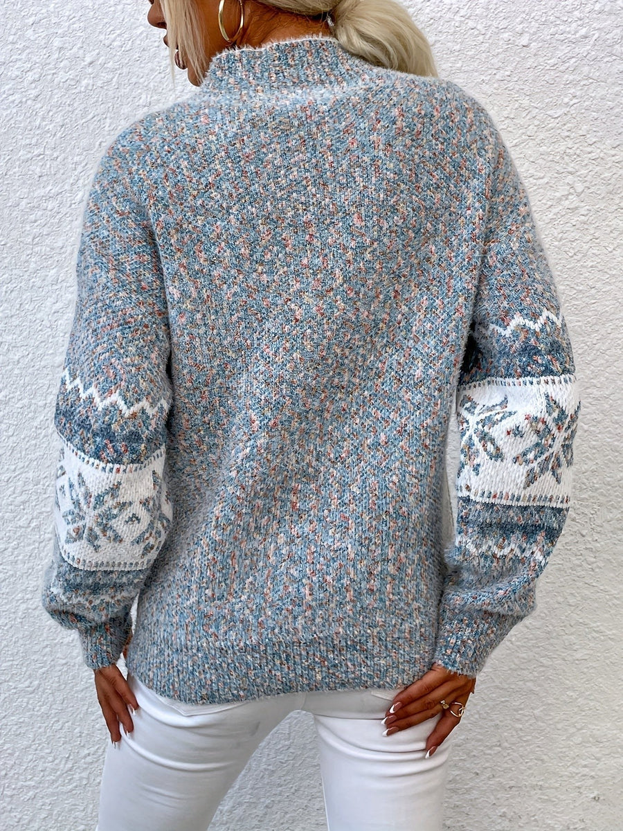 Pull Col Montant Motif Flocons Coupe Ample