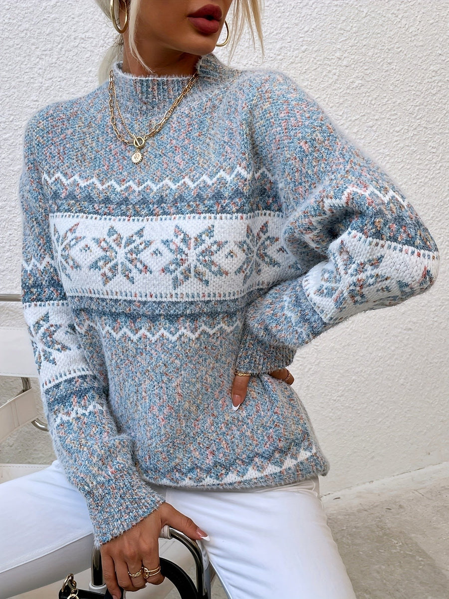 Pull Col Montant Motif Flocons Coupe Ample