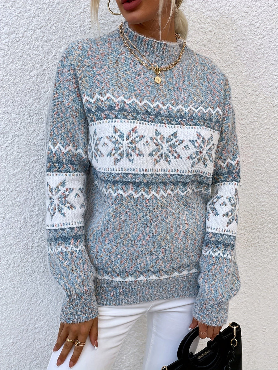 Pull Col Montant Motif Flocons Coupe Ample