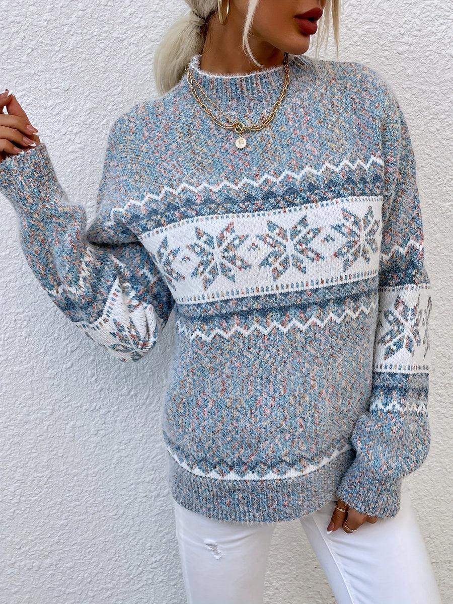 Pull Col Montant Motif Flocons Coupe Ample