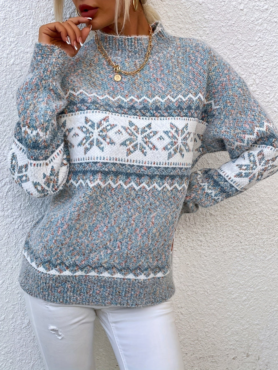 Pull Col Montant Motif Flocons Coupe Ample